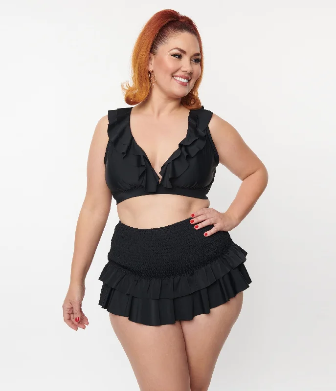 Low - rise bikini bottoms with a cheeky cut on sale for a more revealing styleUnique Vintage Plus Size Black Ruffle Halter Swim Top Low - rise bikini bottoms with a cheeky cut on sale for a more revealing styleUnique Vintage Plus Size Black Ruffle Halter Swim Top