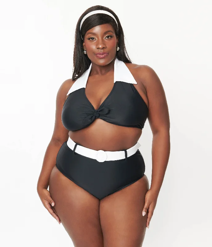 Swimdress - style swimsuits on discount for a modest and stylish beach optionUnique Vintage Plus Size Black & White Belted Swim Bottoms Swimdress - style swimsuits on discount for a modest and stylish beach optionUnique Vintage Plus Size Black & White Belted Swim Bottoms