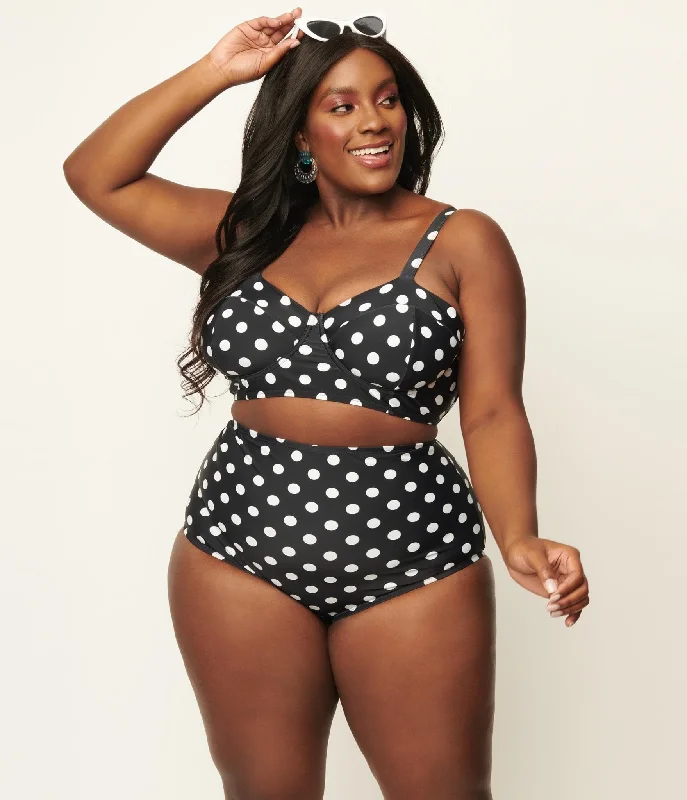 High waisted cheeky bikini sets on discount with a cut - out detail for a trendy silhouetteUnique Vintage Plus Size Black & White Polka Dot High Waist Louise Swim Bottoms
