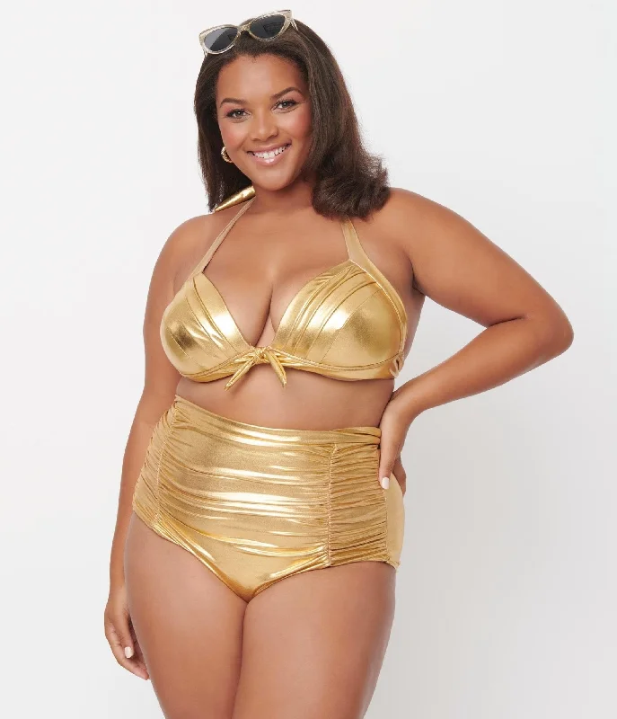 Pleated bikini sets on promotion with a formal and elegant top and bottoms for a more sophisticated beach lookUnique Vintage Plus Size Gold Monroe Halter Swim Top Pleated bikini sets on promotion with a formal and elegant top and bottoms for a more sophisticated beach lookUnique Vintage Plus Size Gold Monroe Halter Swim Top