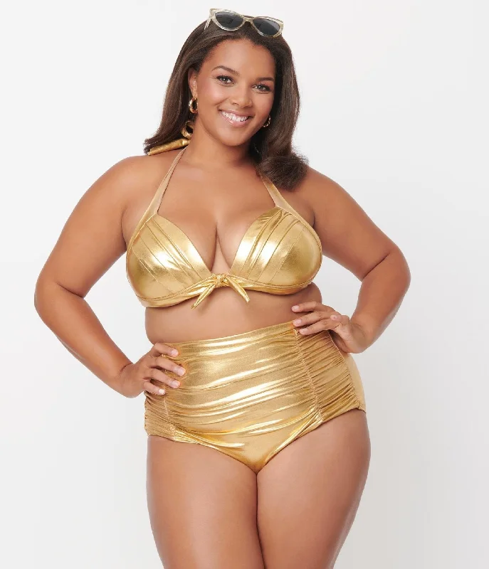 Tie - dye one - piece swimsuits on sale in a multi - colored design for a vibrant beach lookUnique Vintage Plus Size Gold Monroe High Waist Swim Bottom Tie - dye one - piece swimsuits on sale in a multi - colored design for a vibrant beach lookUnique Vintage Plus Size Gold Monroe High Waist Swim Bottom