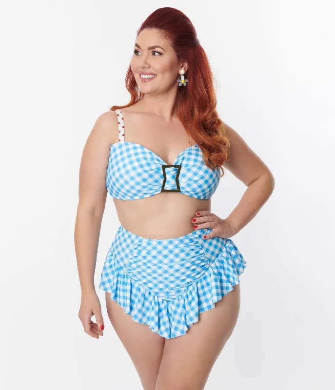 Ruffled one - shoulder bikini tops on sale for a feminine touchUnique Vintage Plus Size Blue Gingham Buckle Swim Top Ruffled one - shoulder bikini tops on sale for a feminine touchUnique Vintage Plus Size Blue Gingham Buckle Swim Top