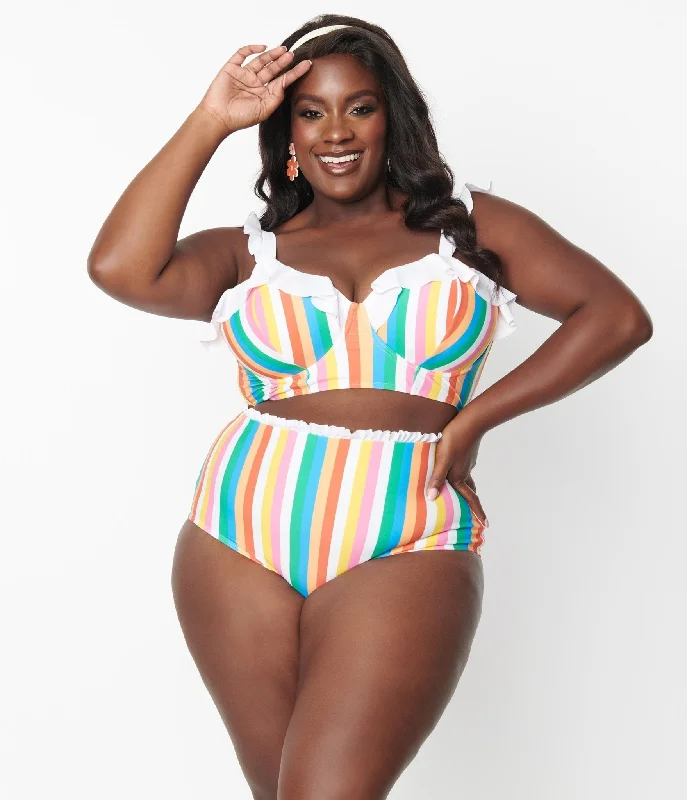 Bra - style bikini tops on sale with a push - up and a side - tie for enhanced cleavage and a customizable fitUnique Vintage Plus Size Rainbow Striped Cape May Swim Bottoms Bra - style bikini tops on sale with a push - up and a side - tie for enhanced cleavage and a customizable fitUnique Vintage Plus Size Rainbow Striped Cape May Swim Bottoms