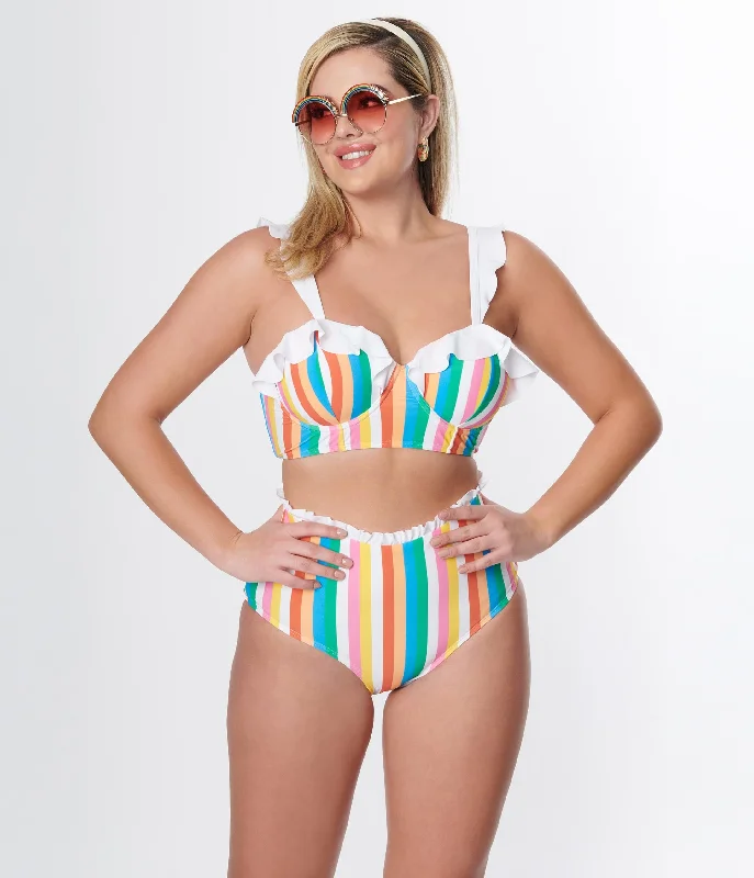 Monokini swimsuits on sale with a cut - out design and a high - leg for a daring and edgy beach lookUnique Vintage Rainbow Striped Cape May Swim Bottoms Monokini swimsuits on sale with a cut - out design and a high - leg for a daring and edgy beach lookUnique Vintage Rainbow Striped Cape May Swim Bottoms