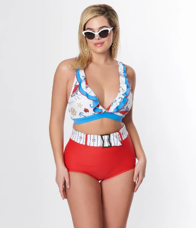 Printed bikini sets on promotion with a geometric - art pattern for a contemporary beach styleUnique Vintage Red High Waist Belted Swim Bottom Printed bikini sets on promotion with a geometric - art pattern for a contemporary beach styleUnique Vintage Red High Waist Belted Swim Bottom