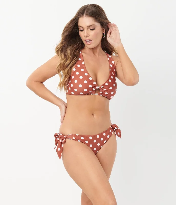 Monokini - style swimsuits on discount with a unique cut and a high - neck for a sophisticated lookUnique Vintage 1970s Rust & White Dot Sweet & Sash-y Swim Bottom Monokini - style swimsuits on discount with a unique cut and a high - neck for a sophisticated lookUnique Vintage 1970s Rust & White Dot Sweet & Sash-y Swim Bottom
