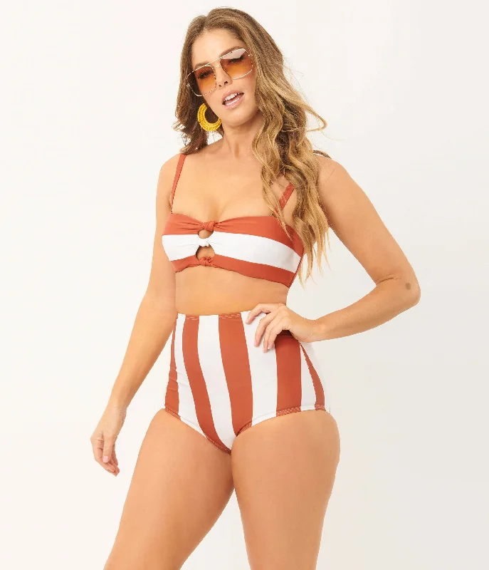 Pleated bikini sets on promotion with a formal and elegant top and bottoms for a more sophisticated beach lookUnique Vintage Rust & White Stripe Louise Swim Bottom Pleated bikini sets on promotion with a formal and elegant top and bottoms for a more sophisticated beach lookUnique Vintage Rust & White Stripe Louise Swim Bottom