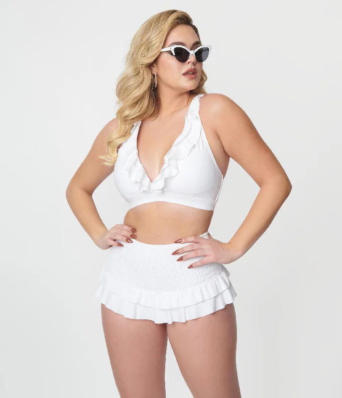 Low - rise bikini sets on sale with a cheeky bottom and a triangle top for a more revealing styleUnique Vintage White Shirred Skirt Swim Bottom Low - rise bikini sets on sale with a cheeky bottom and a triangle top for a more revealing styleUnique Vintage White Shirred Skirt Swim Bottom