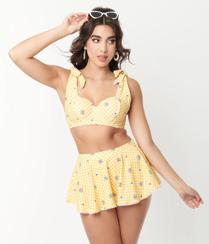 Sheer overlay bikini tops on promotion for a touch of allure and eleganceUnique Vintage Yellow Gingham & White Daisy Print Totally Tied Up Swim Top Sheer overlay bikini tops on promotion for a touch of allure and eleganceUnique Vintage Yellow Gingham & White Daisy Print Totally Tied Up Swim Top