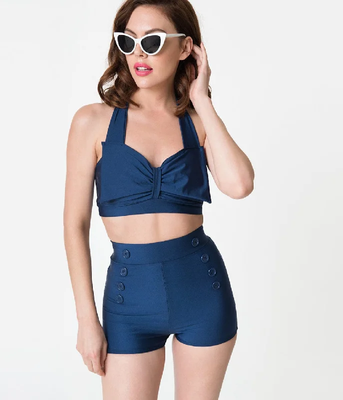 Sports - style bikini sets on discount with a compression - fit top and bottoms for active water sportsVintage Style Navy Blue Bow Halter Swim Top Sports - style bikini sets on discount with a compression - fit top and bottoms for active water sportsVintage Style Navy Blue Bow Halter Swim Top