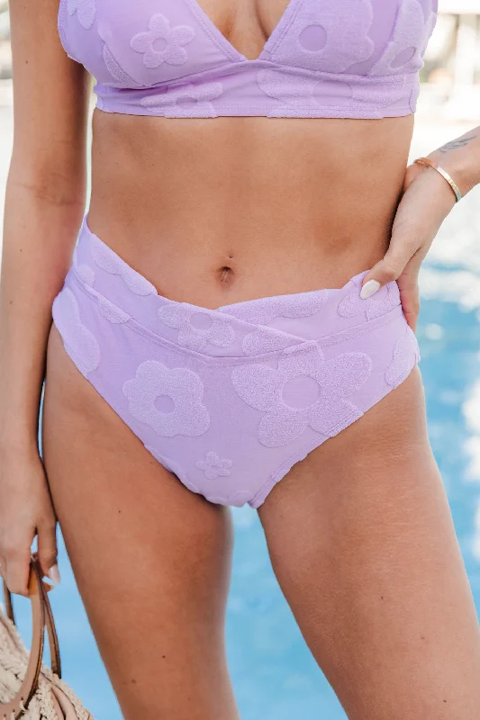 Longline bikini sets on promotion with a supportive top and high waisted bottoms for a structured lookCancun Kisses Orchid Purple Daisy Terry Bikini Bottoms FINAL SALE Longline bikini sets on promotion with a supportive top and high waisted bottoms for a structured lookCancun Kisses Orchid Purple Daisy Terry Bikini Bottoms FINAL SALE