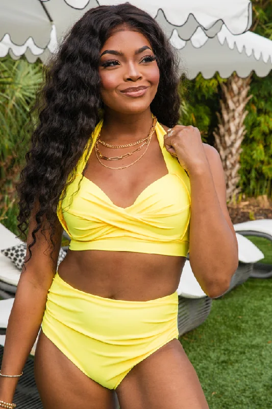 High waisted bikini sets on promotion with a ruched side and a bow detail for a flattering fitCastaway With Me Yellow Halter Neck Solid Bikini Top High waisted bikini sets on promotion with a ruched side and a bow detail for a flattering fitCastaway With Me Yellow Halter Neck Solid Bikini Top