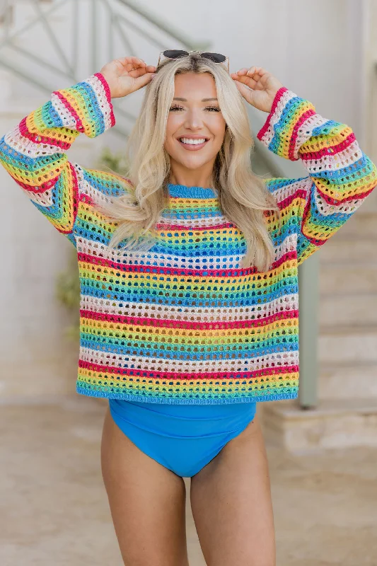 Tie - dye printed one - piece swimsuits on sale in a gradient effect for a trendy and unique beach lookChasing Rainbows Crochet Sweater FINAL SALE Tie - dye printed one - piece swimsuits on sale in a gradient effect for a trendy and unique beach lookChasing Rainbows Crochet Sweater FINAL SALE