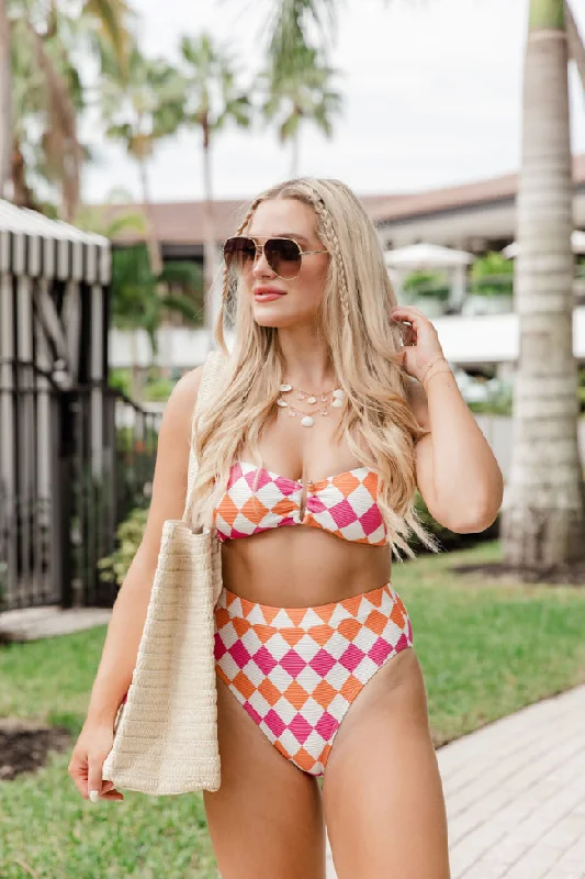 Embroidered bikini bottoms on sale in a geometric - floral design for a modern and feminine touchClassic Coastal in Aruba Argyle Pink and Orange Halter Bikini Top FINAL SALE Embroidered bikini bottoms on sale in a geometric - floral design for a modern and feminine touchClassic Coastal in Aruba Argyle Pink and Orange Halter Bikini Top FINAL SALE