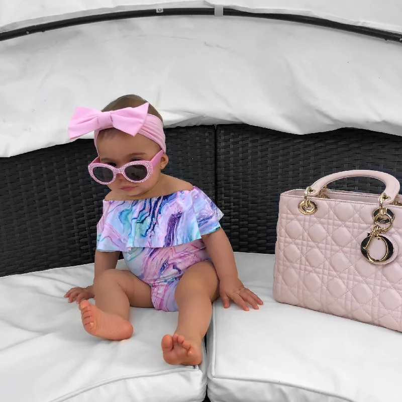 Bra - style bikini tops on sale with a push - up and a side - tie for enhanced cleavage and a customizable fitCotton Candy Off The Shoulder Bathing Suit *Child* Pink