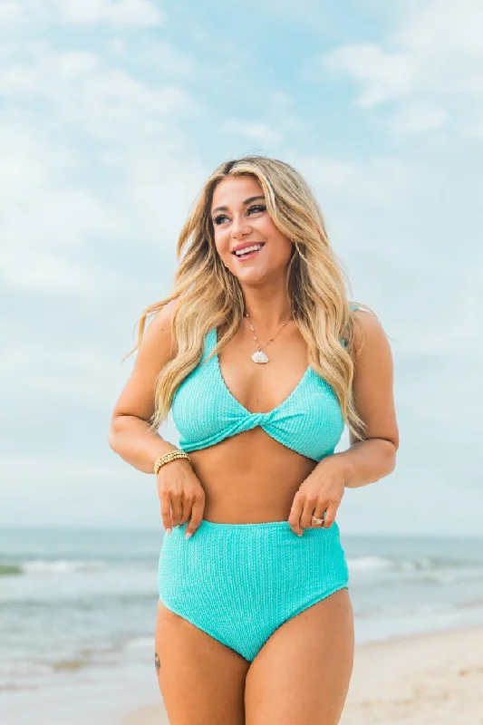 High - neck one - piece swimsuits on sale with a long - sleeve design for more coverageIt's My Moment Blue Twist Front Swimsuit Top High - neck one - piece swimsuits on sale with a long - sleeve design for more coverageIt's My Moment Blue Twist Front Swimsuit Top