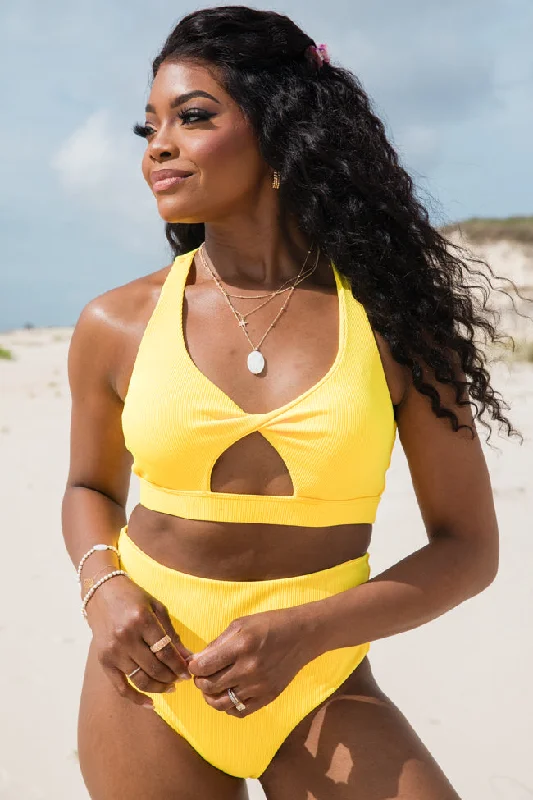 Printed bikini sets on promotion with a retro - polka dot pattern for a nostalgic beach styleNeeding Vitamin Sea Yellow Cut-Out Bikini Top Printed bikini sets on promotion with a retro - polka dot pattern for a nostalgic beach styleNeeding Vitamin Sea Yellow Cut-Out Bikini Top