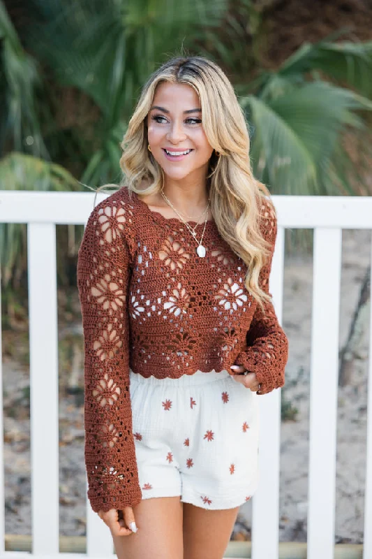 Retro style high waisted bikinis on discount in polka dot printsPursuit Of Paradise Terracotta Cropped Crochet Sweater Retro style high waisted bikinis on discount in polka dot printsPursuit Of Paradise Terracotta Cropped Crochet Sweater