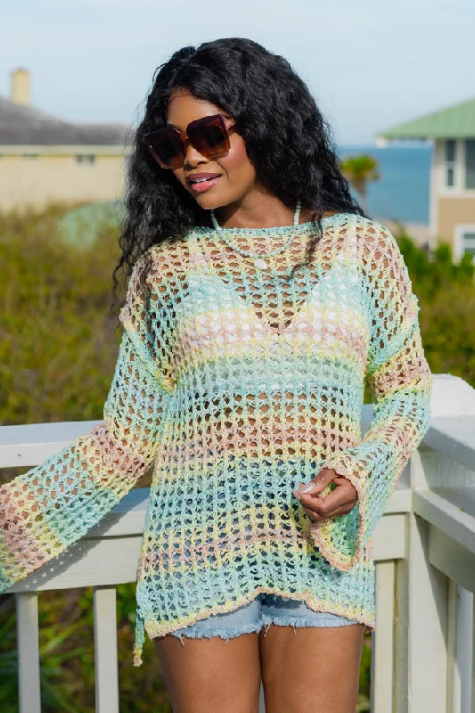 Lace - trimmed bikini bottoms on discount in pastel colors for a feminine touchReality Called Yellow and Mint Multi Stripe Open Knit Sweater Lace - trimmed bikini bottoms on discount in pastel colors for a feminine touchReality Called Yellow and Mint Multi Stripe Open Knit Sweater