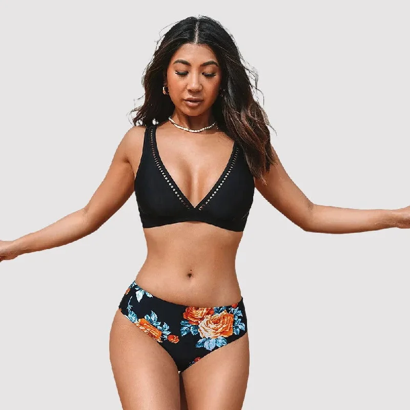 Longline bikini sets on promotion with a supportive top and a high - waisted bottom with a scalloped edge for a structured and feminine lookV-neck Cut Out Mid Waist Bikini Two Piece Longline bikini sets on promotion with a supportive top and a high - waisted bottom with a scalloped edge for a structured and feminine lookV-neck Cut Out Mid Waist Bikini Two Piece