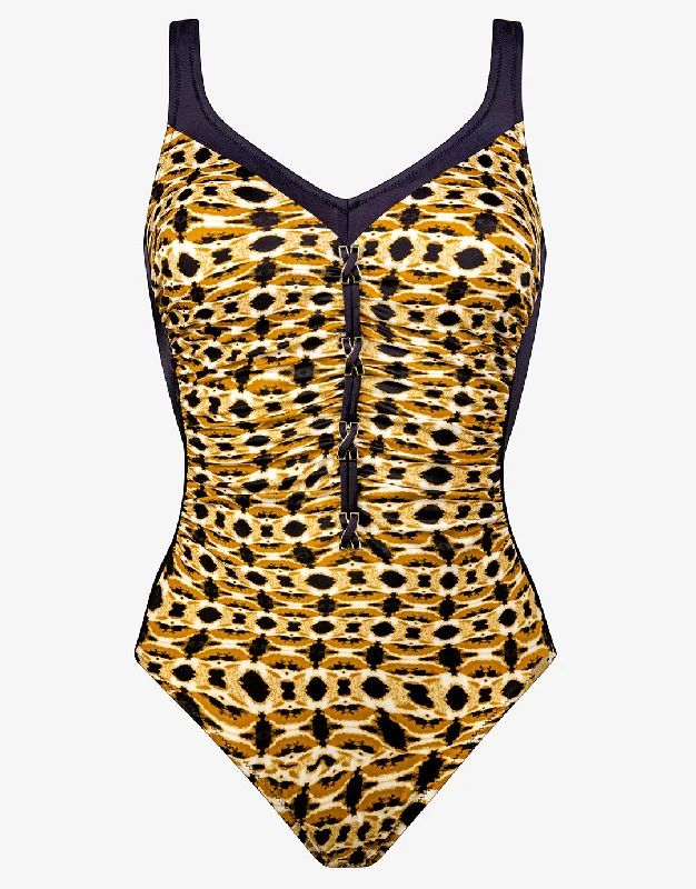 High waisted bikini bottoms on sale with a scalloped hem for a more feminine and delicate lookAnimal Accents Moulded Swimsuit - Black Tabac High waisted bikini bottoms on sale with a scalloped hem for a more feminine and delicate lookAnimal Accents Moulded Swimsuit - Black Tabac