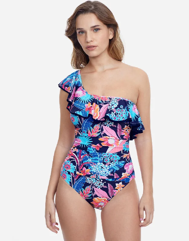 Bikini sets on sale with a fringe - trimmed top, bottoms, and a tie - side closure for a fun and playful beach styleBohemian Gypsy Ruffle One Shoulder Swimsuit - Navy Bikini sets on sale with a fringe - trimmed top, bottoms, and a tie - side closure for a fun and playful beach styleBohemian Gypsy Ruffle One Shoulder Swimsuit - Navy