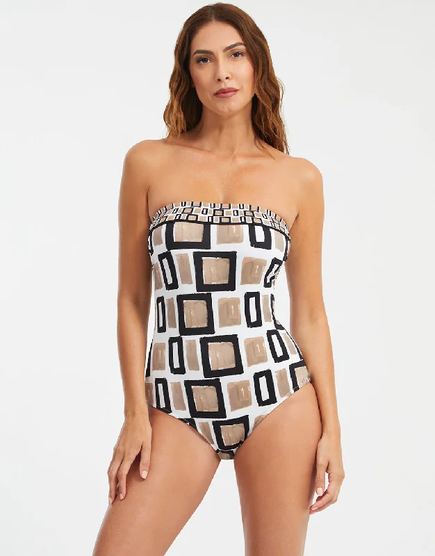 String bikini sets on sale with a beaded waistband for a more luxurious touchGeo Bandeau Swimsuit - Black White and Gold String bikini sets on sale with a beaded waistband for a more luxurious touchGeo Bandeau Swimsuit - Black White and Gold