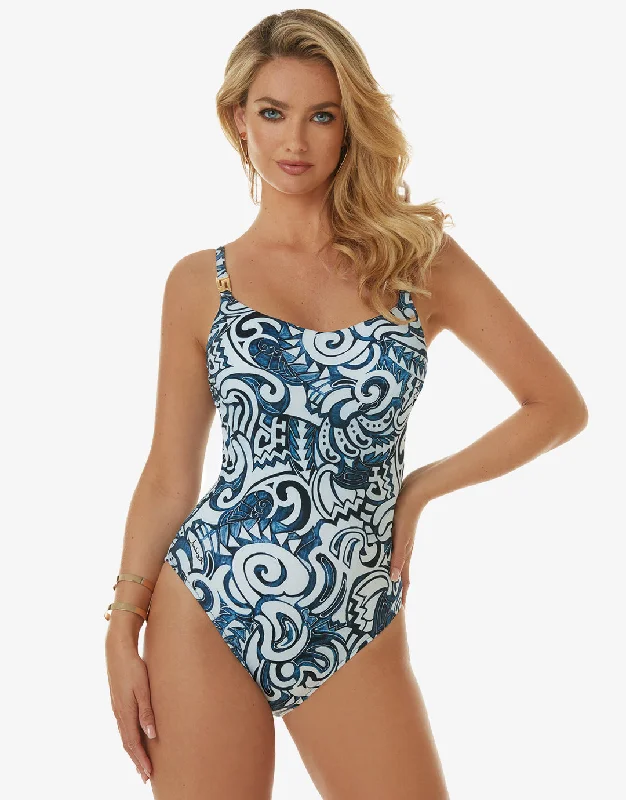 Bandeau one - piece swimsuits on sale with a ruffled trim for a feminine touchGraffiti Square Neck Swimsuit - Blue and White Bandeau one - piece swimsuits on sale with a ruffled trim for a feminine touchGraffiti Square Neck Swimsuit - Blue and White