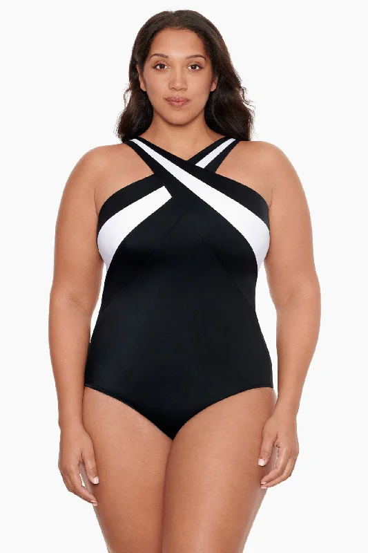 Seersucker - textured swimsuits on sale for a classic and preppy beach lookPlus Size Crossover Inset Tank Long Torso One Piece Swimsuit Private Party Seersucker - textured swimsuits on sale for a classic and preppy beach lookPlus Size Crossover Inset Tank Long Torso One Piece Swimsuit Private Party