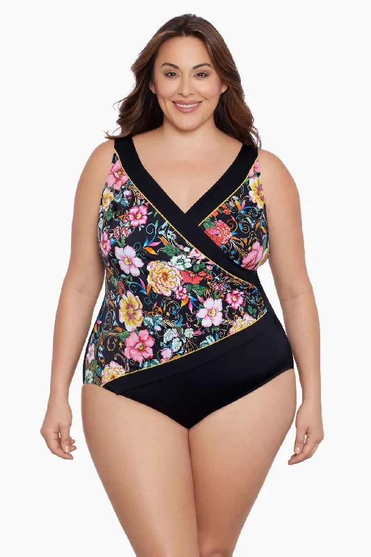 Tropical leaf print bikini sets on promotion for a summer - ready beach lookPlus Size Piped Side Shirred Surplice Long Torso One Piece Swimsuit True Romance Tropical leaf print bikini sets on promotion for a summer - ready beach lookPlus Size Piped Side Shirred Surplice Long Torso One Piece Swimsuit True Romance