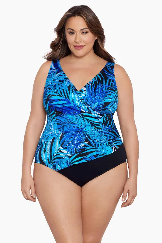 High waisted cheeky bikini bottoms promotion for a flattering silhouettePlus Size Ruffle Surplice Long Torso One Piece Swimsuit Jungle Boogie