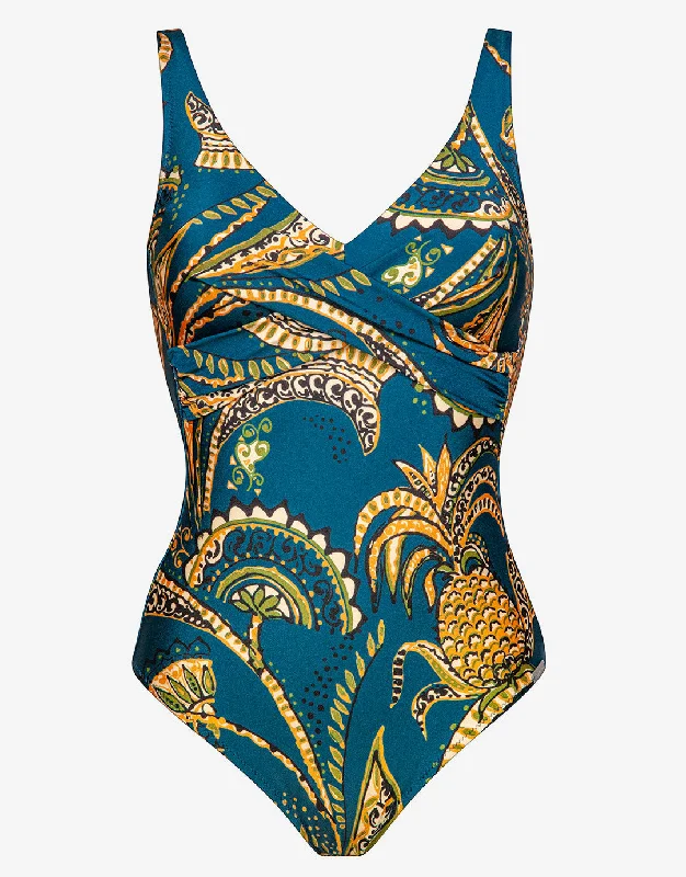 Sports - inspired bikini sets on discount with a zip - up top and bottoms for easy wearSatin Fruits Wrap Front Swimsuit - Ocean Pineapple Sports - inspired bikini sets on discount with a zip - up top and bottoms for easy wearSatin Fruits Wrap Front Swimsuit - Ocean Pineapple