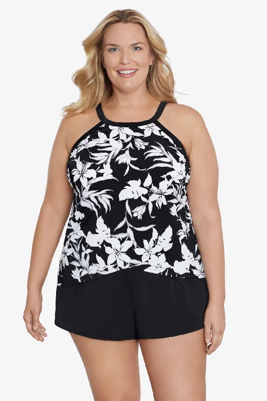 Bikini sets with a drawstring waist on promotion for a customizable fitPlus Size High Neck Tankini Top Underwire Bra Back Nightshade