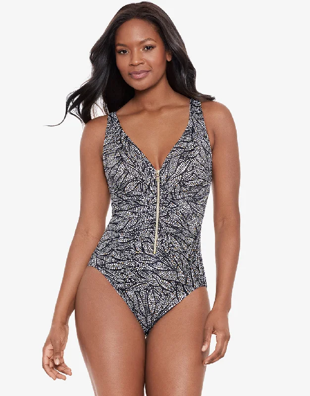 Ruffled bikini bottoms on sale with a high - low ruffled hem for a more flirty and feminine lookShore Leave Zipt Swimsuit - Black and White Ruffled bikini bottoms on sale with a high - low ruffled hem for a more flirty and feminine lookShore Leave Zipt Swimsuit - Black and White
