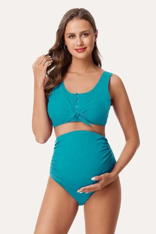 High waisted bikini bottoms with a scalloped edge on special offerTwo-Piece Ribbed Front Knot Maternity Swimsuit High waisted bikini bottoms with a scalloped edge on special offerTwo-Piece Ribbed Front Knot Maternity Swimsuit