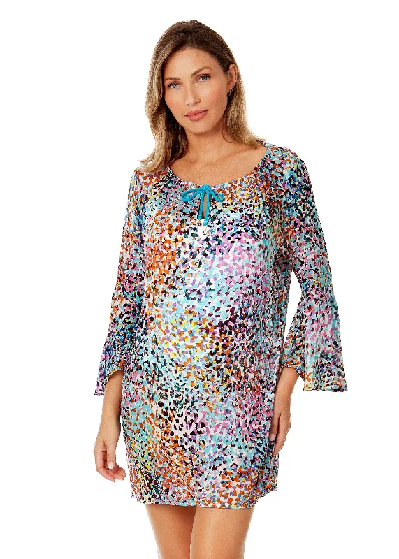 Metallic bikini sets at a reduced price in gold or silver for a glamorous beach appearanceWomen's Sunset Dot Bell Sleeve Tunic Swimsuit Cover Up