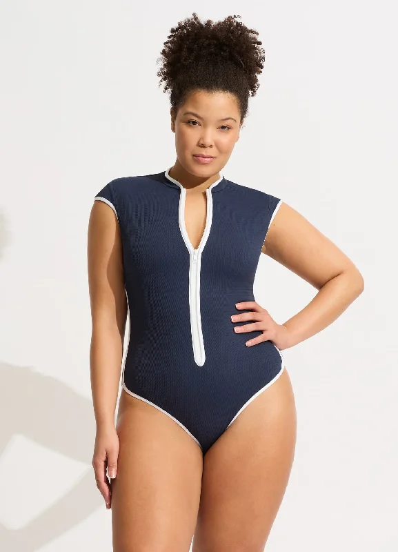 Beach Bound Cap Sleeve Zip Front One Piece - True Navy