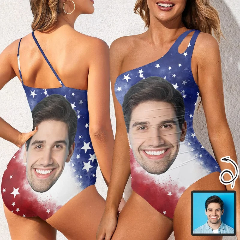 Custom Face American Flag Style Women's One Shoulder Keyhole One Piece Swimsuit Custom Picture Bathing Suit Custom Face American Flag Style Women's One Shoulder Keyhole One Piece Swimsuit Custom Picture Bathing Suit