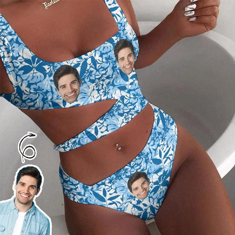 Custom Face Blue Flower Women's Waist Cutout One Piece Swimsuit Personalized Photo Bathing Suit