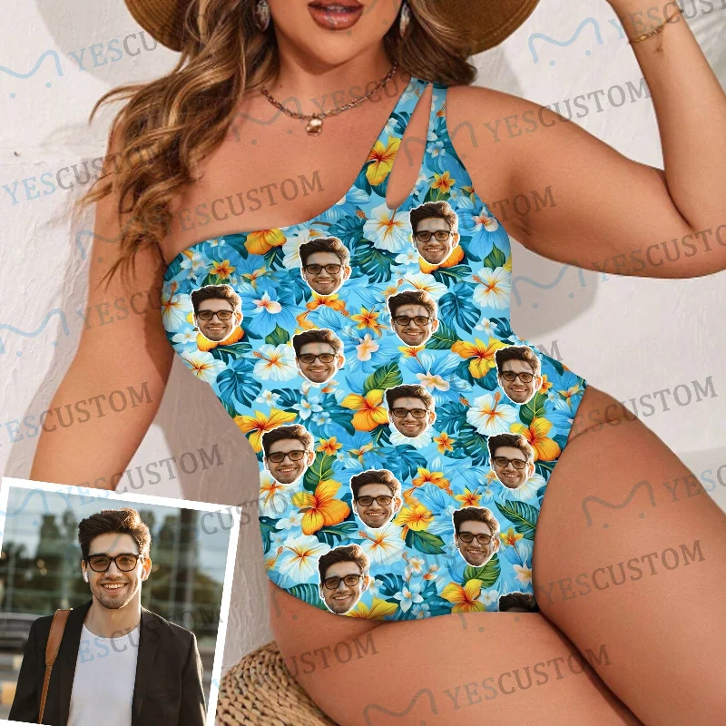 Custom Face Blue Women's One Shoulder Keyhole One Piece Swimsuit Custom Picture Bathing Suit Custom Face Blue Women's One Shoulder Keyhole One Piece Swimsuit Custom Picture Bathing Suit