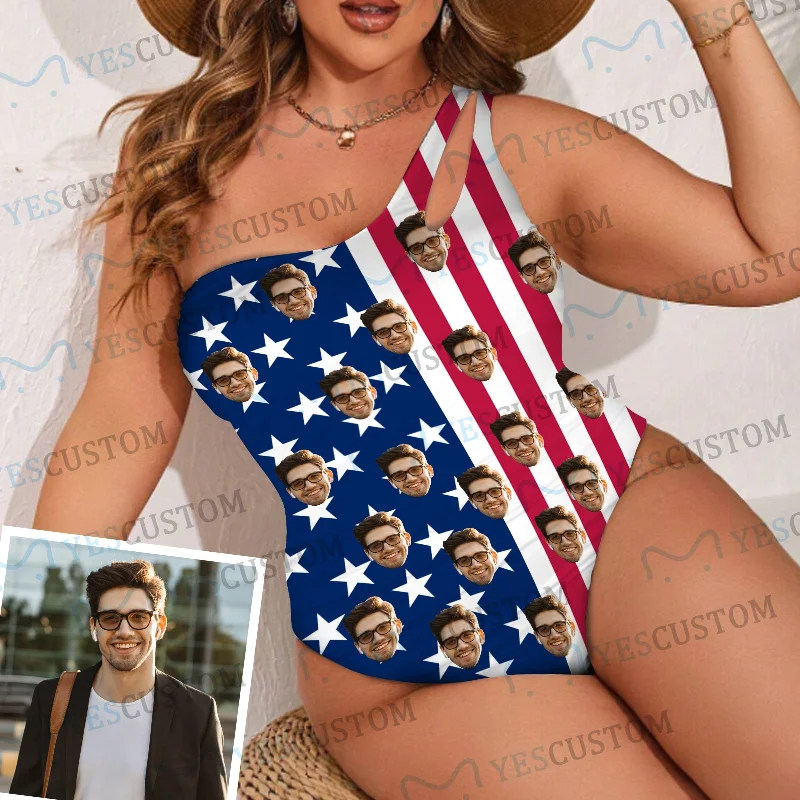 Custom Face Flag USA Women's One Shoulder Keyhole One Piece Swimsuit Custom Picture Bathing Suit Custom Face Flag USA Women's One Shoulder Keyhole One Piece Swimsuit Custom Picture Bathing Suit