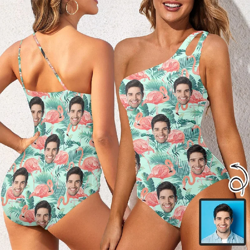 Custom Face Flamingo Women's One Shoulder Keyhole One Piece Swimsuit Custom Picture Bathing Suit Custom Face Flamingo Women's One Shoulder Keyhole One Piece Swimsuit Custom Picture Bathing Suit