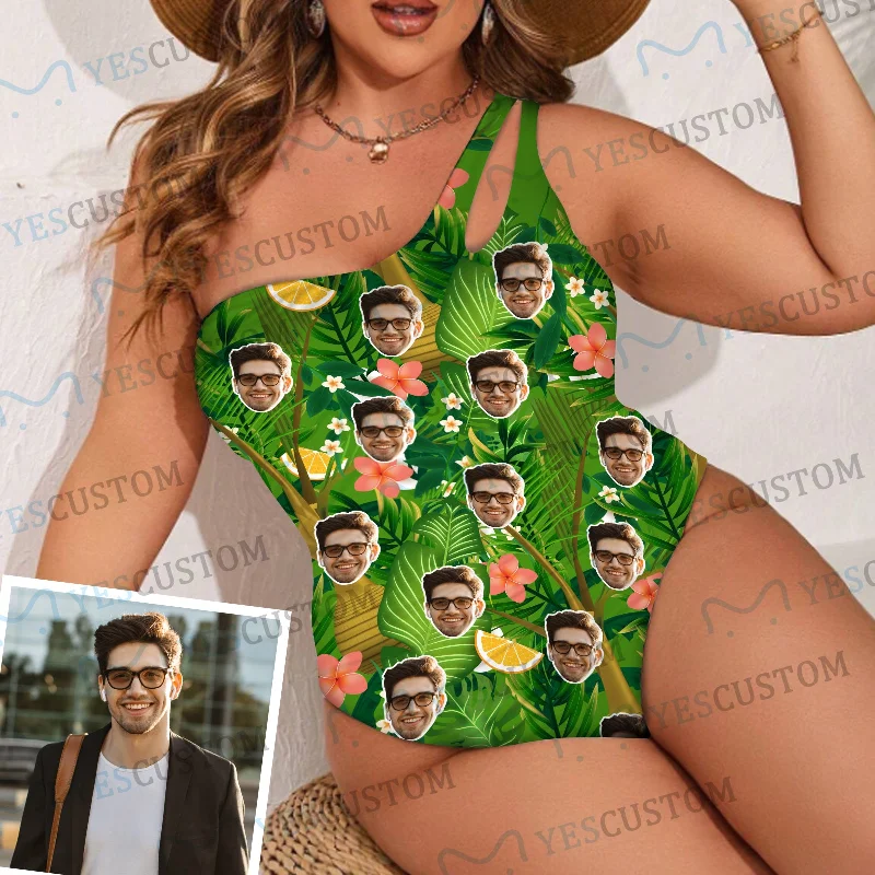 Custom Face Green Leaves Women's One Shoulder Keyhole One Piece Swimsuit Custom Picture Bathing Suit Custom Face Green Leaves Women's One Shoulder Keyhole One Piece Swimsuit Custom Picture Bathing Suit