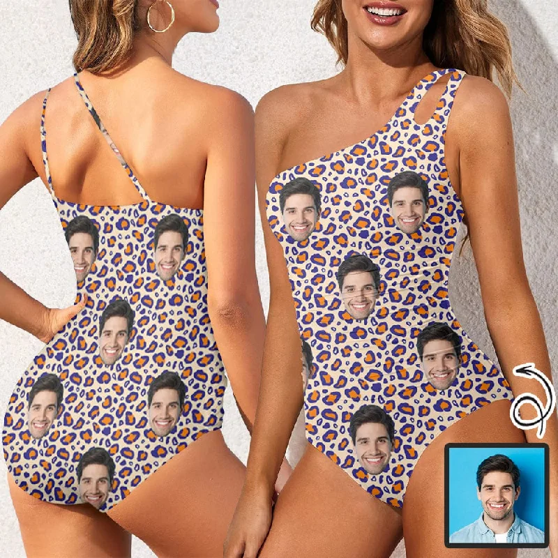Custom Face Leopard Women's One Shoulder Keyhole One Piece Swimsuit Custom Picture Bathing Suit