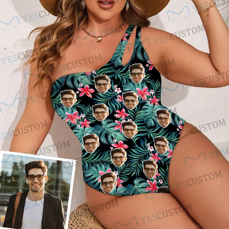 Custom Face Pink Flowers Women's One Shoulder Keyhole One Piece Swimsuit Custom Picture Bathing Suit Custom Face Pink Flowers Women's One Shoulder Keyhole One Piece Swimsuit Custom Picture Bathing Suit