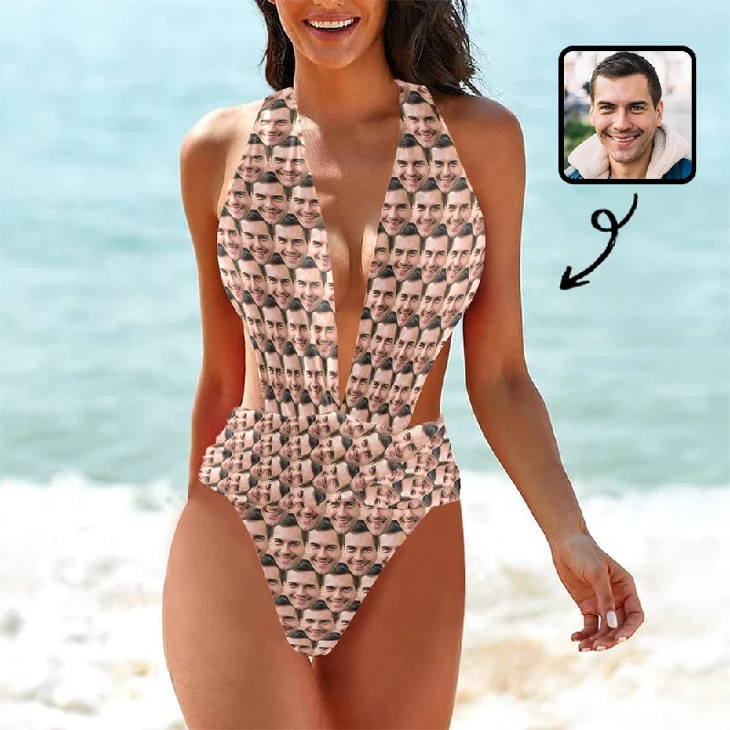 Custom Face Seamless Women's Deep V-Neck Low Back Crossover One Piece Swimsuit Custom Picture Bathing Suit