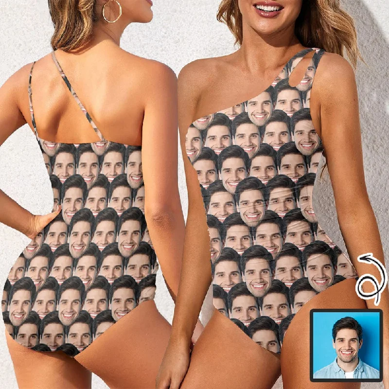 Custom Face Seamless Women's One Shoulder Keyhole One Piece Swimsuit Custom Picture Bathing Suit Custom Face Seamless Women's One Shoulder Keyhole One Piece Swimsuit Custom Picture Bathing Suit