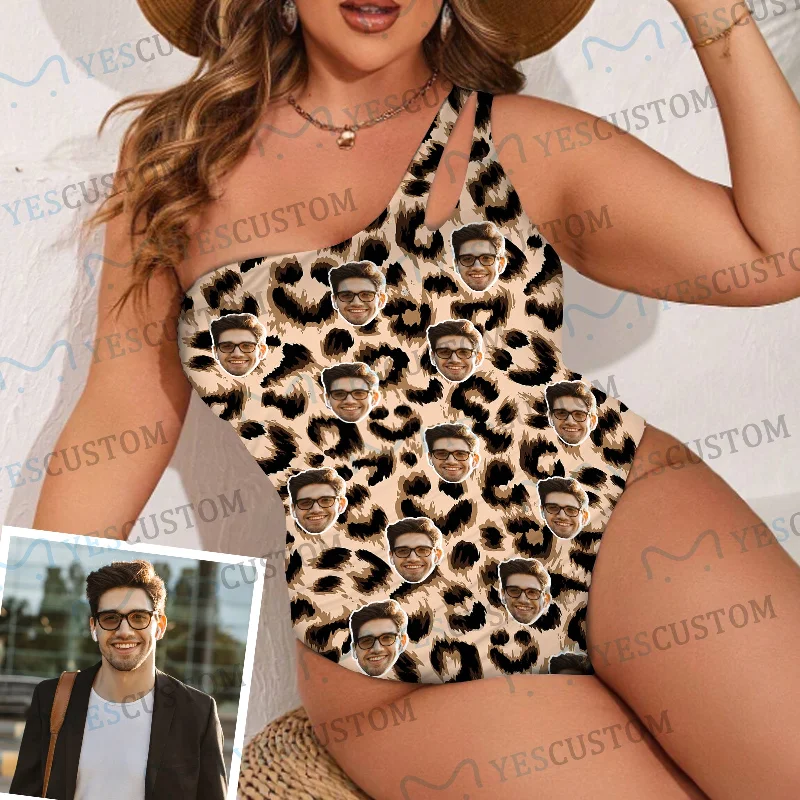Custom Face Sexy Leopard Women's One Shoulder Keyhole One Piece Swimsuit Custom Picture Bathing Suit Custom Face Sexy Leopard Women's One Shoulder Keyhole One Piece Swimsuit Custom Picture Bathing Suit