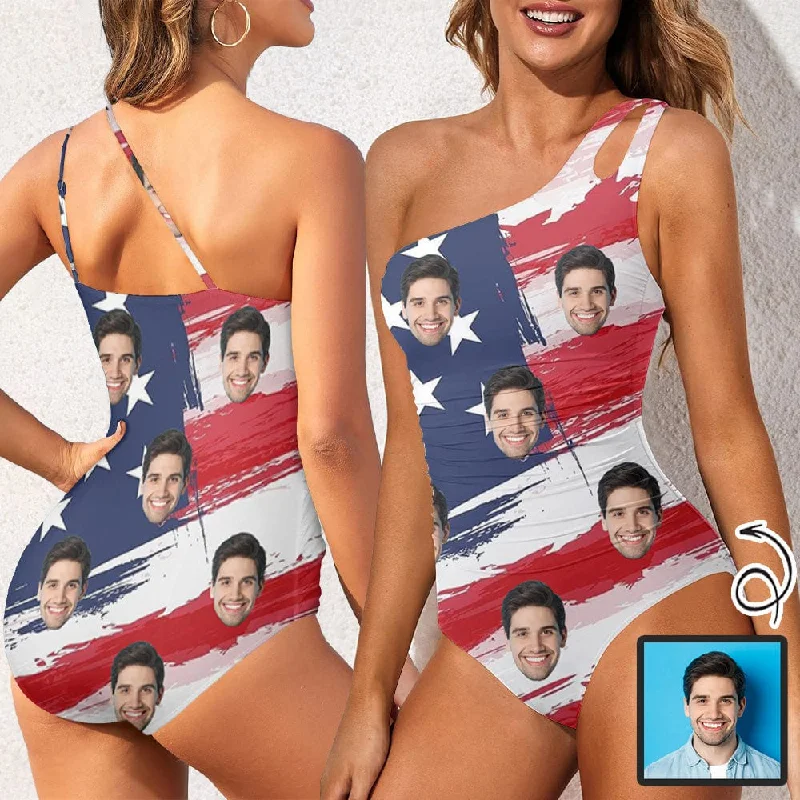 Custom Face USA Flag Style Women's One Shoulder Keyhole One Piece Swimsuit Custom Picture Bathing Suit Custom Face USA Flag Style Women's One Shoulder Keyhole One Piece Swimsuit Custom Picture Bathing Suit