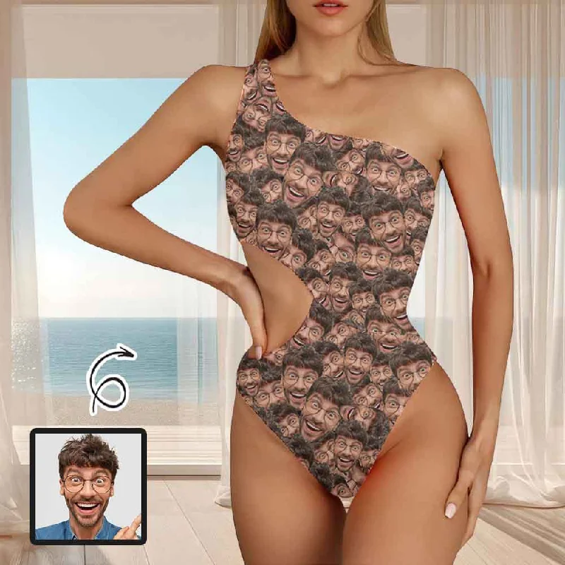 Custom Face Women's Off Shoulder Side Cutout One Piece Swimsuit Personalized Photo Bathing Suit